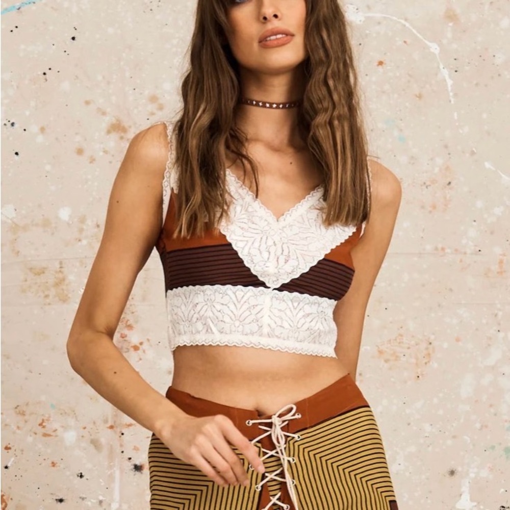 Lennie - Lace Trim Colorblock Bralette in White/Cinnamon XS